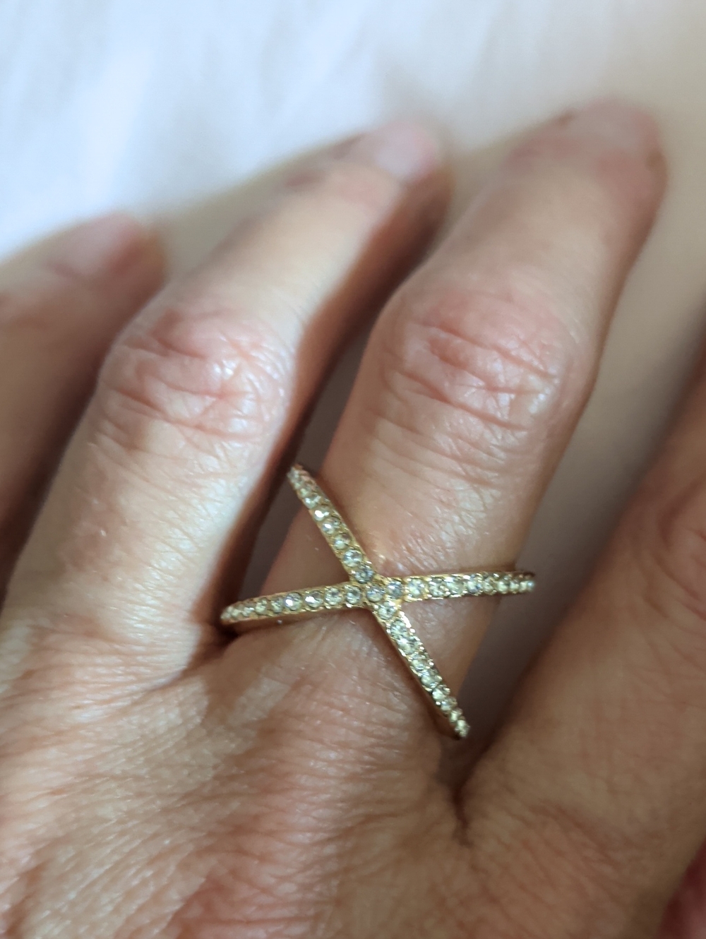Delicate Gold Crystal X Ring - Women's Fashion Jewelry